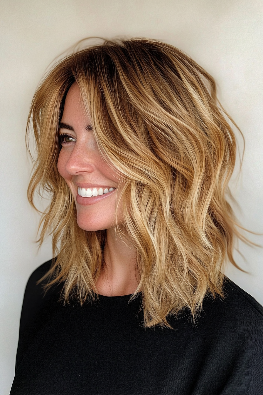 21. Shaggy -Schichten mit goldener Blondine (mittelgroße Haarschnitte für krauses Haar) - mittelgroße Haarschnitte für krauses Haar