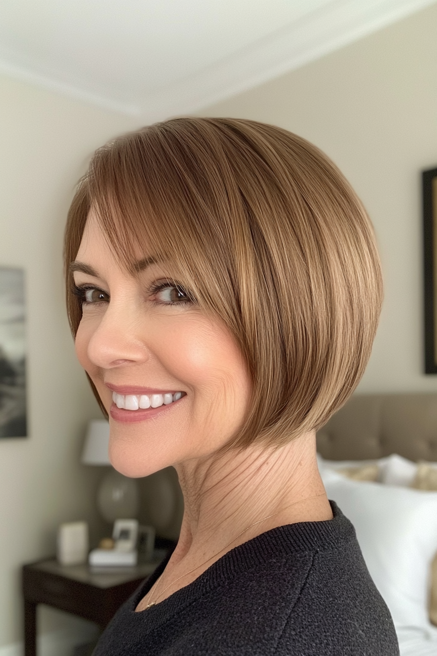 21. kurze Ernte mit Pony in warmem Honigbraun (kurze Frisuren für Frauen über 60 mit feinem Haar) - kurze Frisuren für Frauen über 60 mit feinem Haar