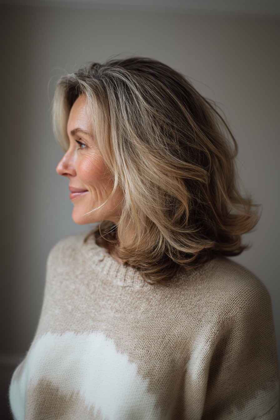 21. Schulter -Skimmingschichten mit sandigen Blonden (mittelgroße Frisuren für ältere Frauen mit welligem Haar) - mittelgroße Frisuren für ältere Frauen mit welligem Haar