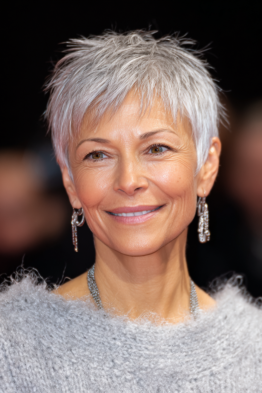 21. Silberner Pixie-Shag mit spitz zulaufendem Nacken (kurze Shag-Frisuren für Frauen über 60) – Kurze Shag-Frisuren für Frauen über 60