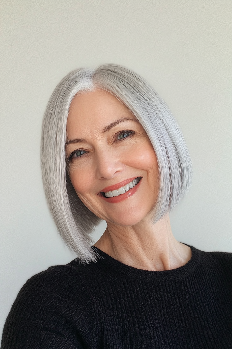 21. schlanker Bob mit natürlichen Silber (mittlere Bob -Haarschnitte für Frauen über 60) - mittlere Bob -Haarschnitte für Frauen über 60