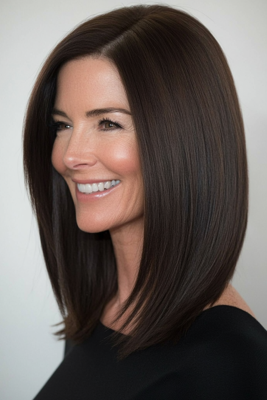 21. Schlanker Lob mit Seitenteil in Espresso Brown (Haarschnittideen für Frauen über 50) - Haarschnittideen für Frauen über 50