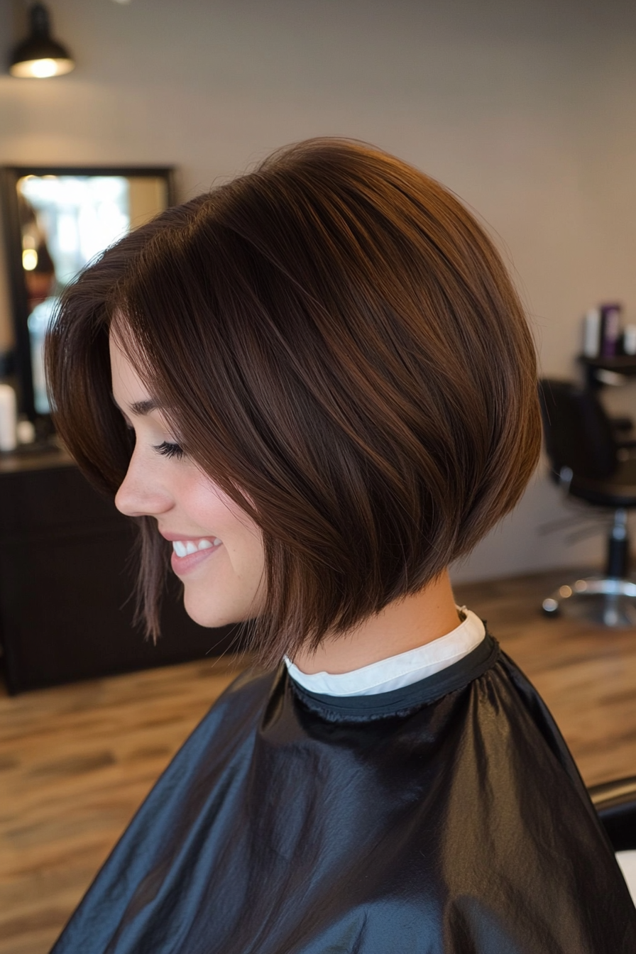 21. Weiches Brünette gemischt Bob (abgewinkelte Schichtbobhaarschnitte) - abgewinkelte geschichtete Bob -Haarschnitte