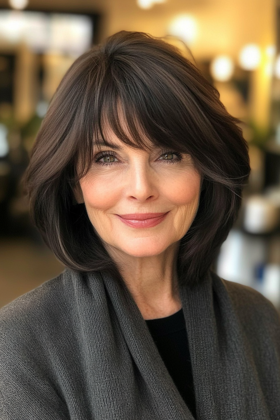 21. Weiche Brünette Shag mit stumpfen Pony (Shag Frisuren für Frauen über 60) - Shag Frisuren für Frauen über 60