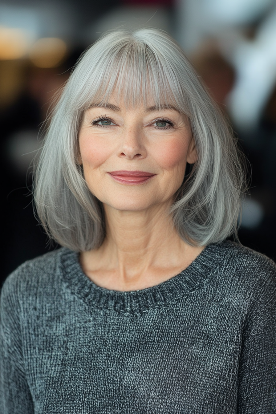 21. Weicher französischer Bob mit stumpfem Rand in natürlichen Grau (Haarschnitte für Frauen über 60 mit Pony) - Haarschnitte für Frauen über 60 mit Pony