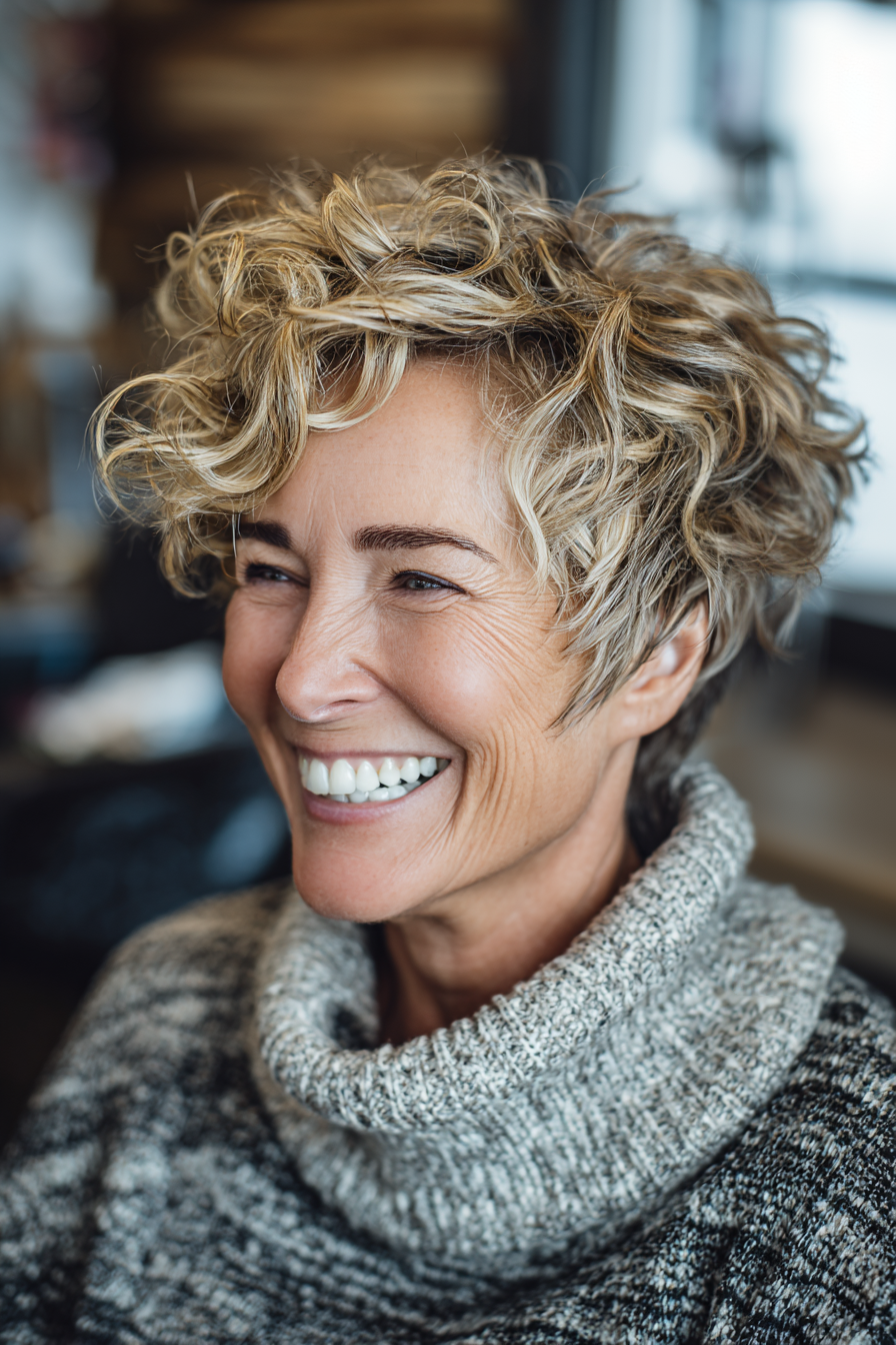 21. Spiraled Pixie mit Honigblondenstreifen (funky Haarschnitte für ältere Frauen) - Funky Haarschnitte für ältere Frauen