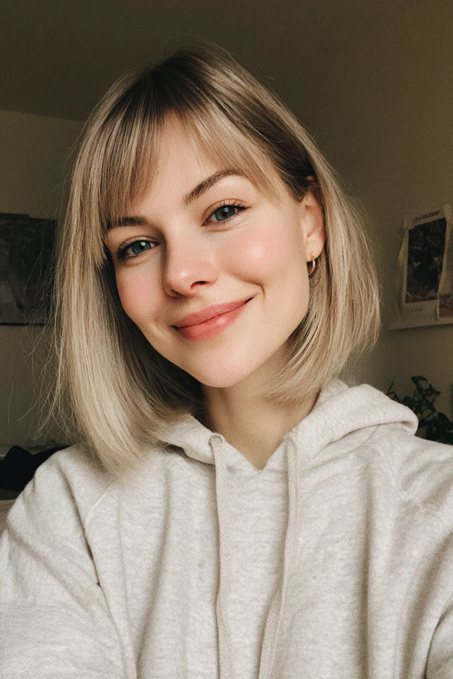 21. Gerader Midi-Bob mit vanilleblondem Vorhang-Pony (Bob-Frisuren mit Pony) – Bob-Frisuren mit Pony