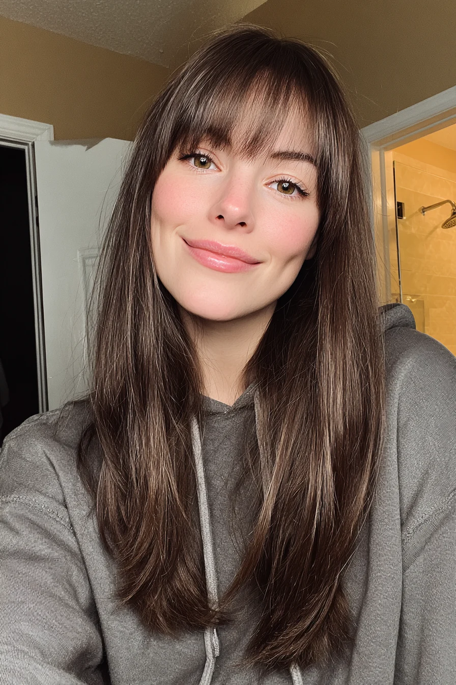 21. Gerader Midi-Schnitt mit pilzbraunen Curtain Bangs (Curtain Bangs Haircuts) – Curtain Bangs Haircuts