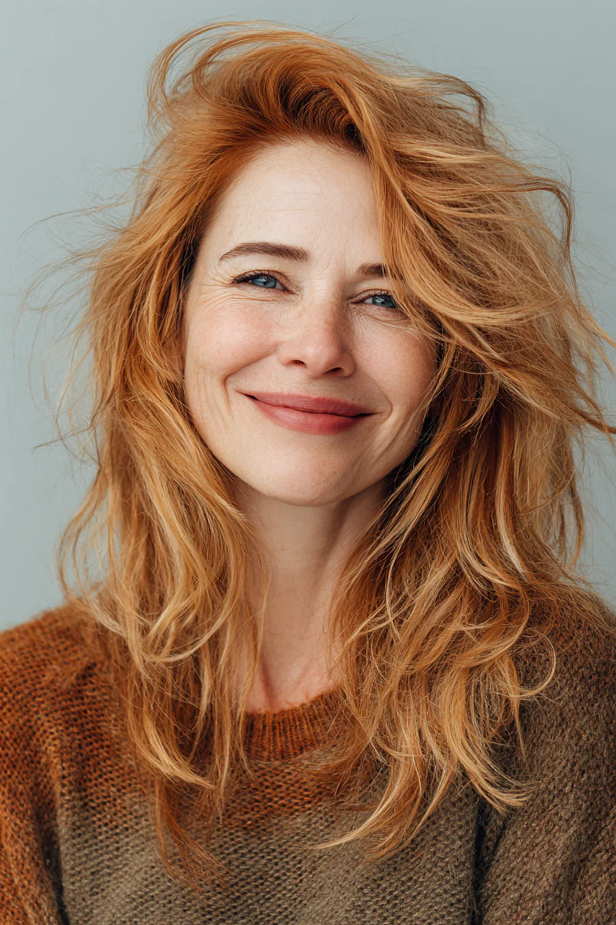 21. Erdbeerblonder windgepeitschter Shag (Lange Shag-Frisuren für ältere Frauen) – Lange Shag-Frisuren für ältere Frauen