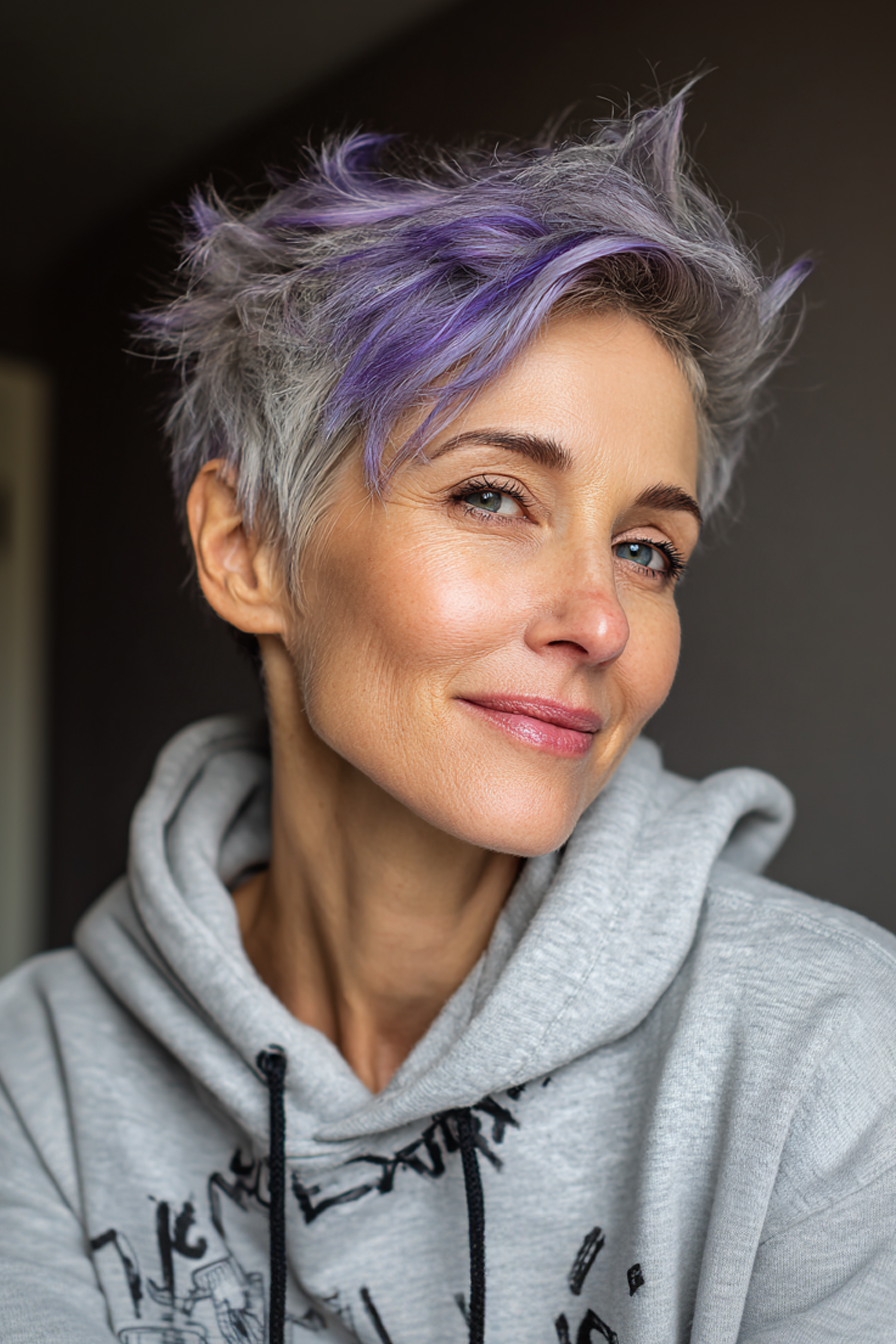 21. Strukturierte Ernte mit Lavendelspitzen (kantige Haarschnitte für Frauen über 50) - kantige Haarschnitte für Frauen über 50