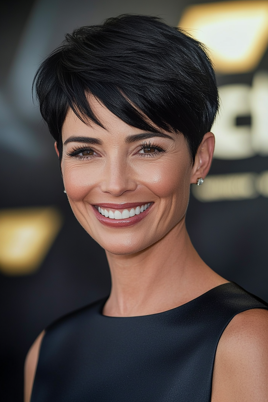 21. Versteckte Pixie in seidigen Jet Black (schicke Kurzfrisuren für Frauen über 40)-schicke kurze Frisuren für Frauen über 40