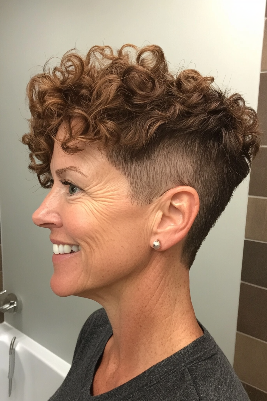 21. Warme brünette lockige Unterkutte (Unterkürzung Frisuren für Frauen über 50) - Unterkürzung Frisuren für Frauen über 50