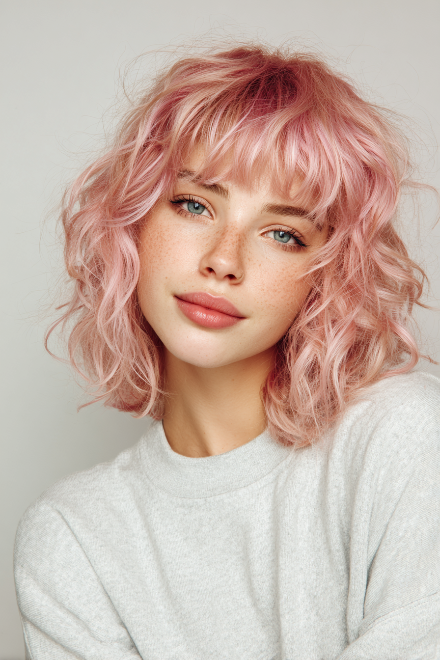 21. Wellenlob mit pastellrosa Pony (lange Bob -Frisuren mit Pony) - Lange Bob -Frisuren mit Pony