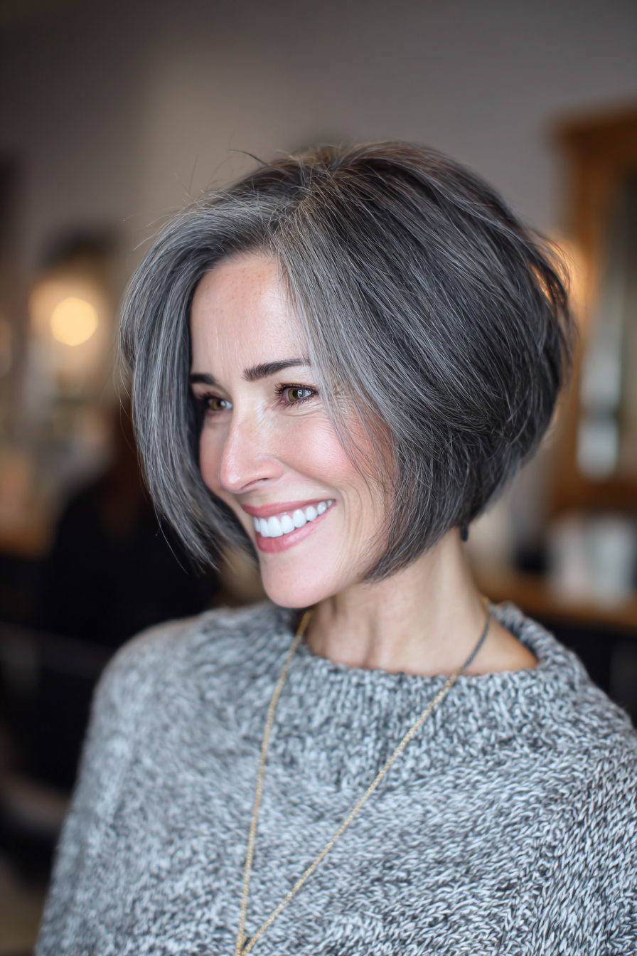 22. Abgled Bob in weicher Graphit (schicke kurze Haarschnitte für Frauen über 40) - schicke kurze Haarschnitte für Frauen über 40