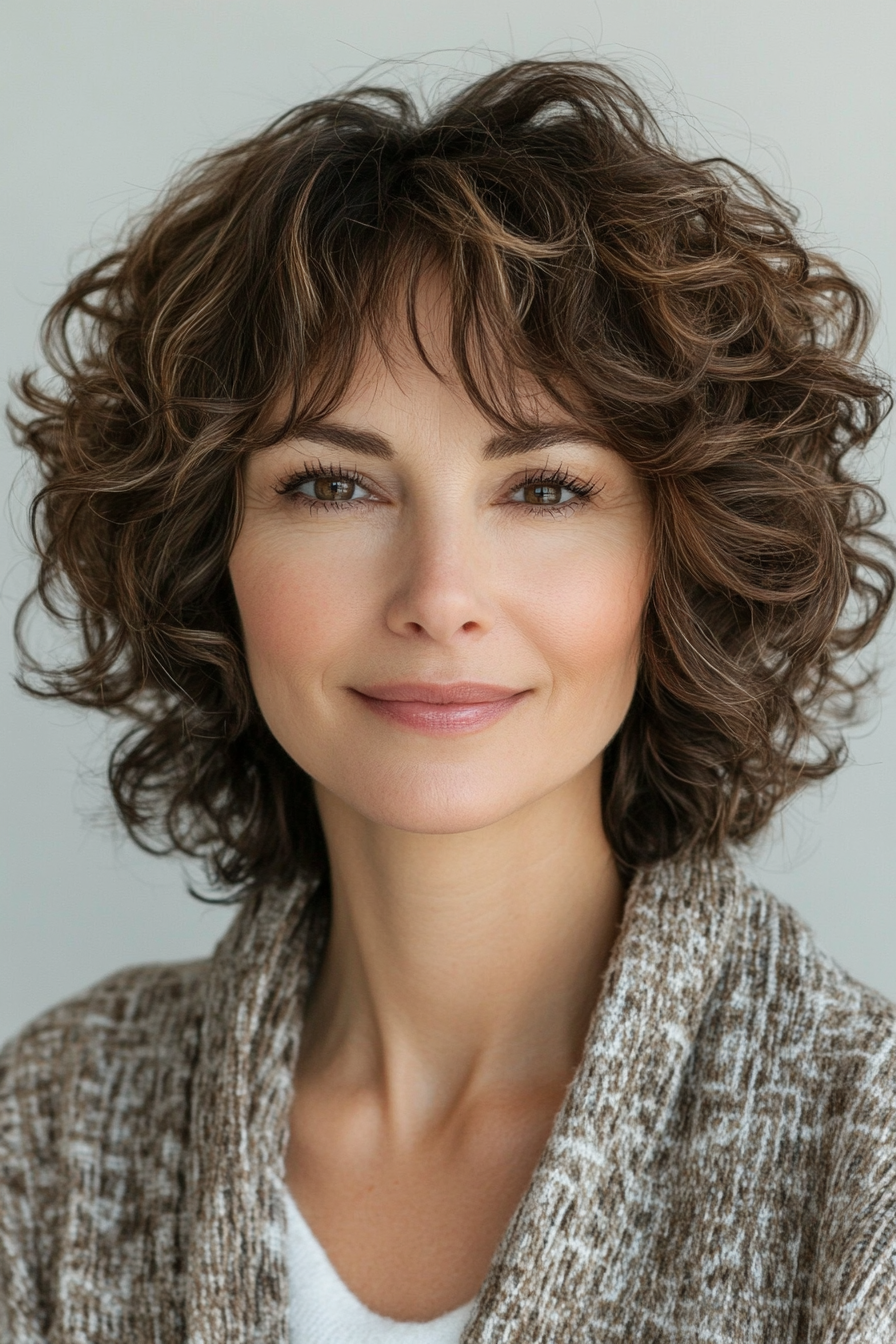 22. abgewinkelter lockiger Bob mit Pilzbraun (Haarschnitte für Frauen über 50 mit lockigem Haar) - Haarschnitte für Frauen über 50 mit lockigem Haar