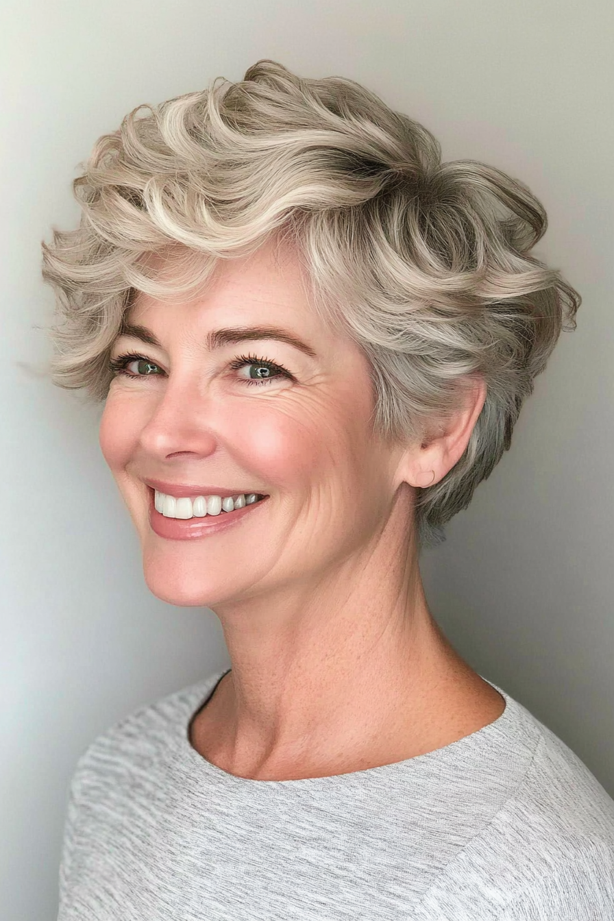 22. Ascheblonde volumisierte Pixie (Haarschnitte für ältere Frauen mit lockigem Haar) - Haarschnitte für ältere Frauen mit lockigem Haar