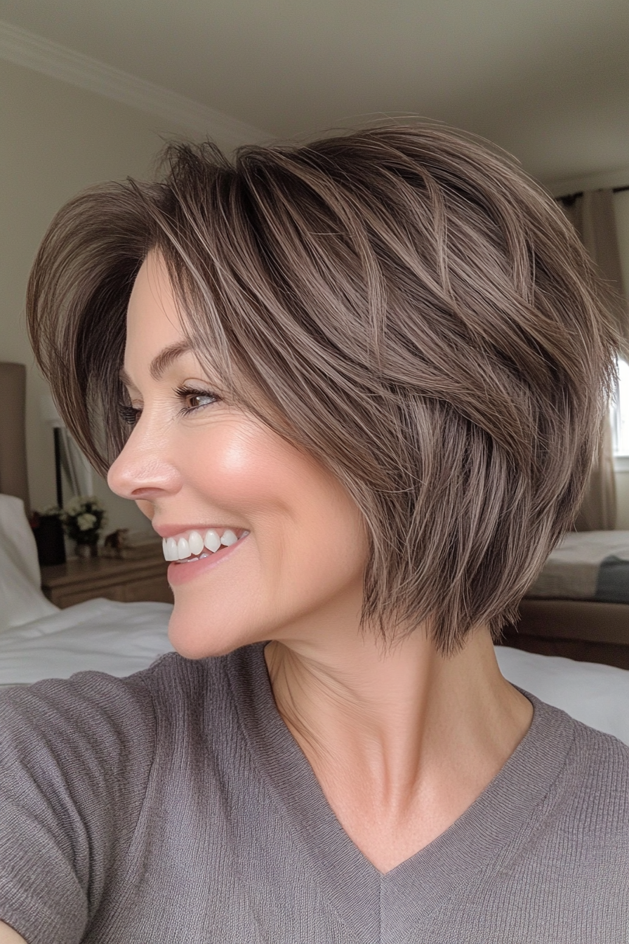 22. Asche Brown Stücke Bob (geschichtete kurze Haarschnitte für Frauen über 40) - Schicht kurze Haarschnitte für Frauen über 40