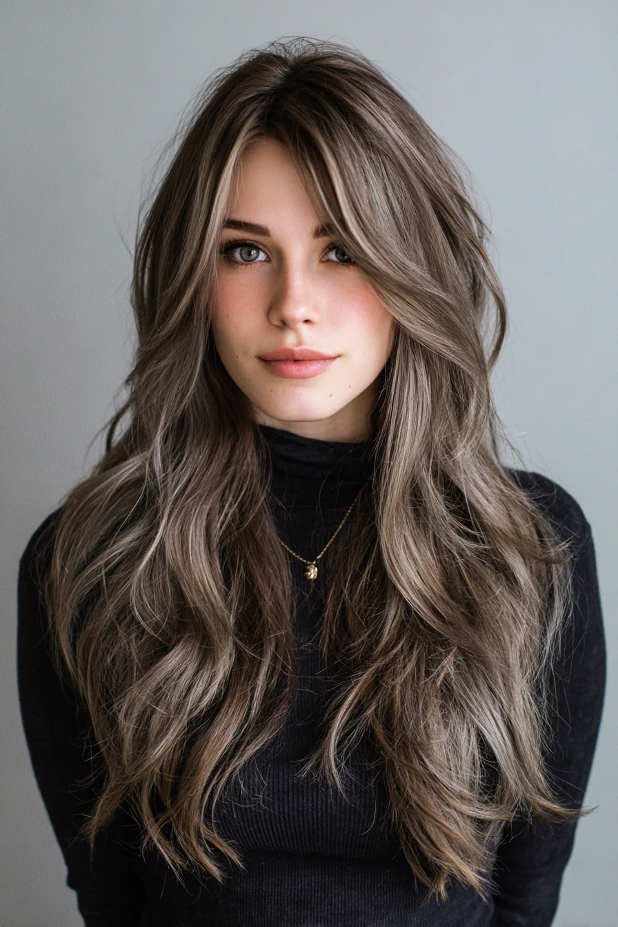 22. Aschgrau-braune lange Stufen mit Mittelscheitel (Stufenfrisuren für dünnes Haar) – Stufenfrisuren für dünnes Haar