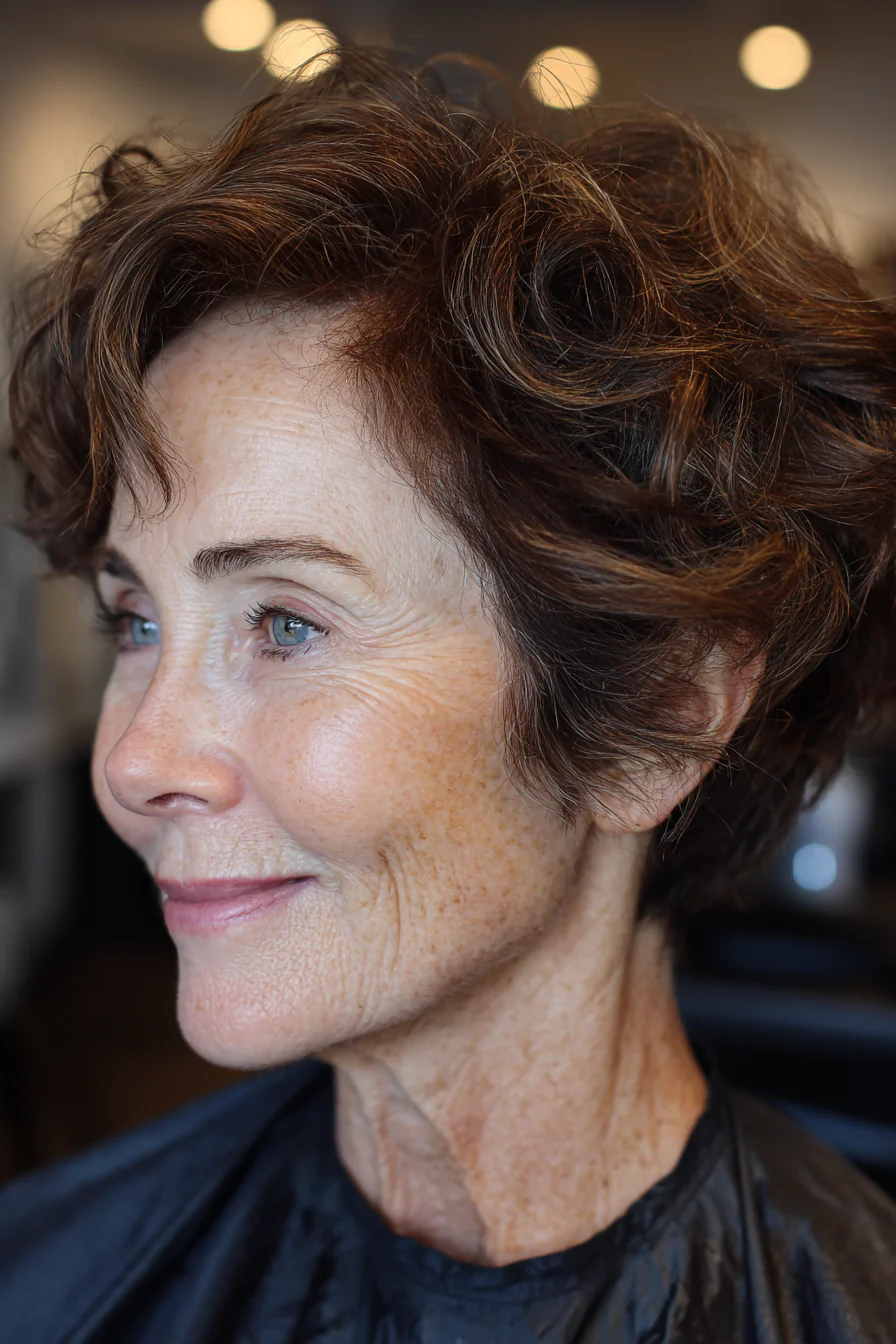 22. Asymmetrischer gewellter Schnitt in sattem Braun (Kurze gewellte Haarschnitte für ältere Frauen) – Kurze gewellte Haarschnitte für ältere Frauen