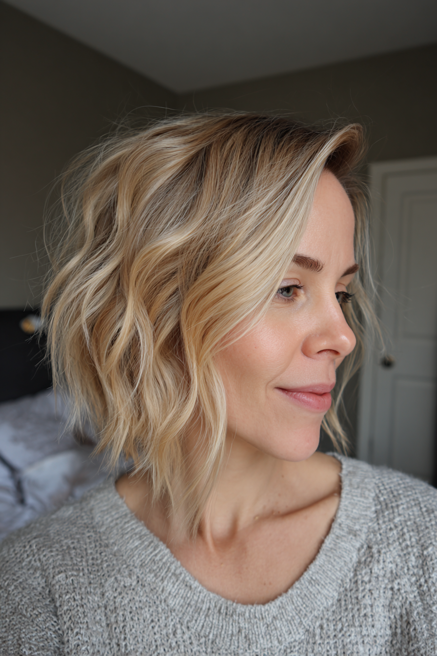 22. Beigeblond, gewellter Kurzhaarschnitt (Kurzhaarfrisuren für Frauen über 40 mit feinem Haar) – Kurzhaarfrisuren für Frauen über 40 mit feinem Haar