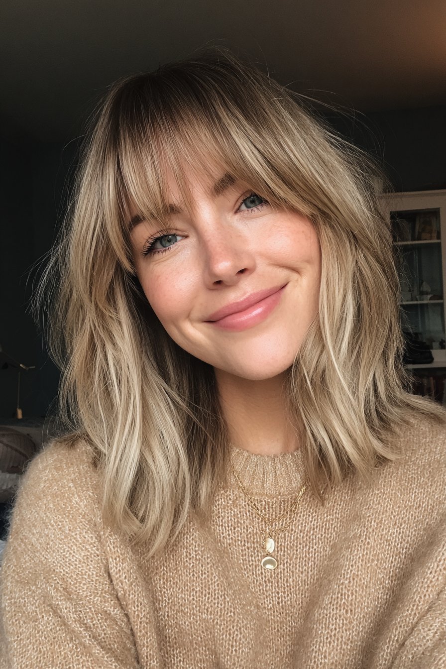 22. Blended Lob mit sandigen blonden Pony (lange Bob -Frisuren mit Pony) - lange Bob -Frisuren mit Pony