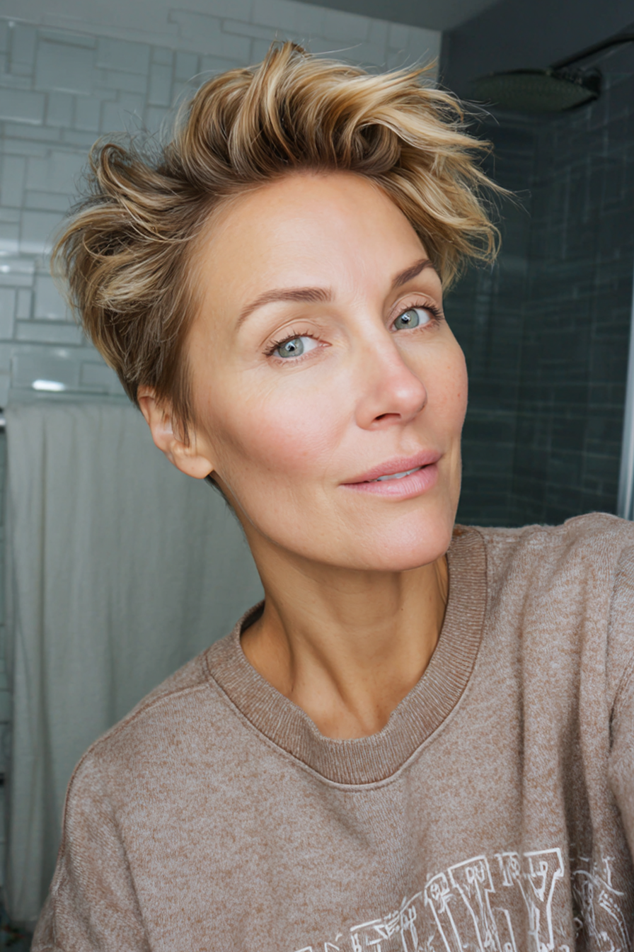22. Bronde Feathered Pixie (Sehr kurze Frisuren für Frauen über 40) – Sehr kurze Frisuren für Frauen über 40