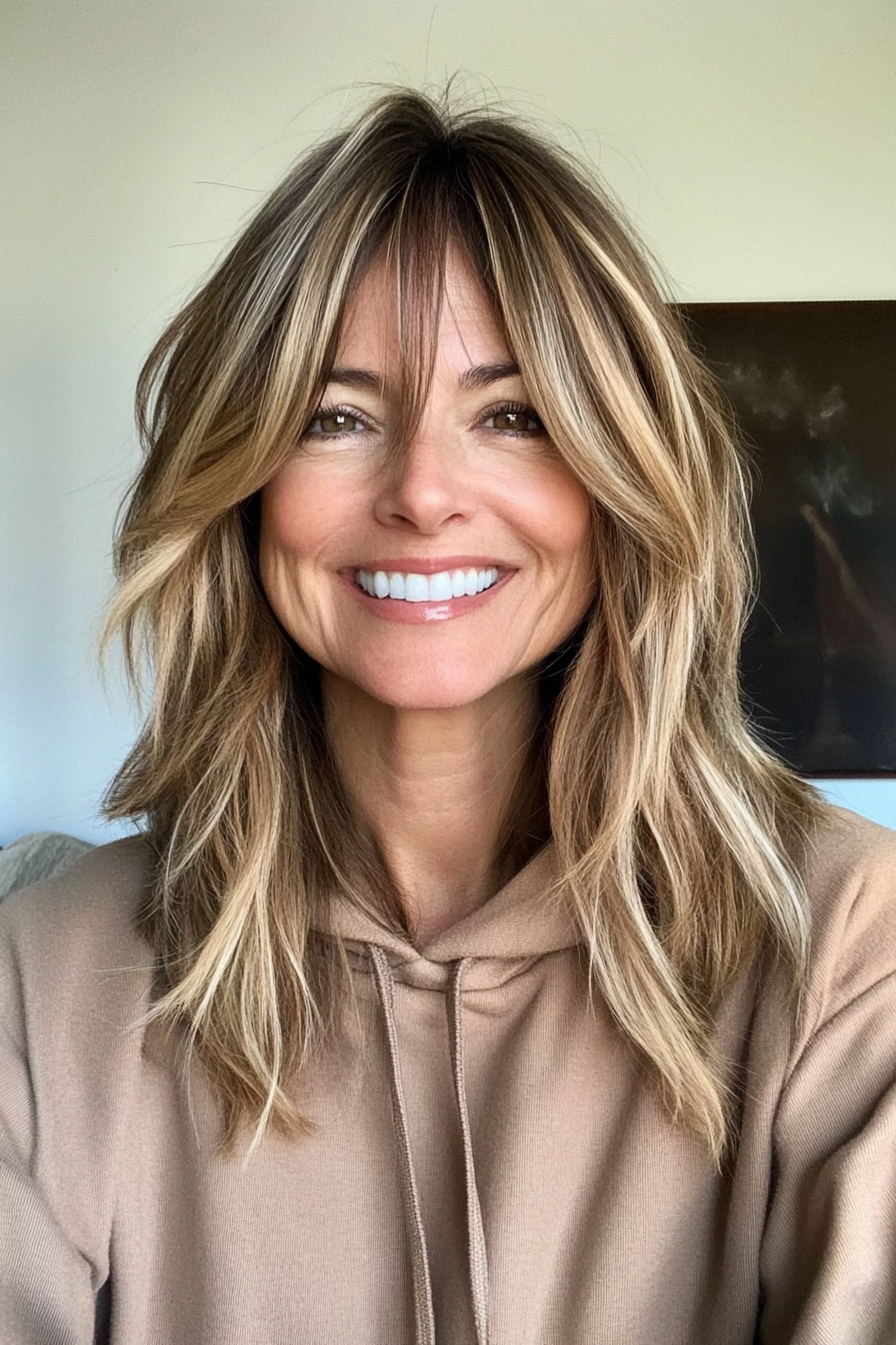 22. Bronde Wispy Layered Cut (mittelgroße Haarschnitte für Frauen über 60) - Haarschnitte mit mittlerer Länge für Frauen über 60