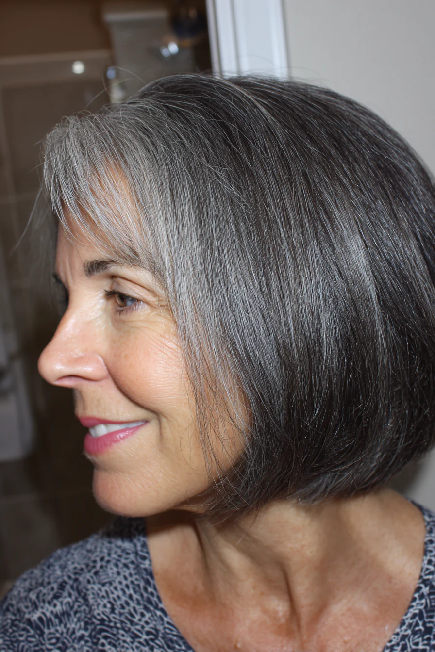 22. Anthrazitgrauer, halslanger Bob mit dezenten Stufen (Haarschnitte für Frauen über 50 mit glattem Haar) – Haarschnitte für Frauen über 50 mit glattem Haar