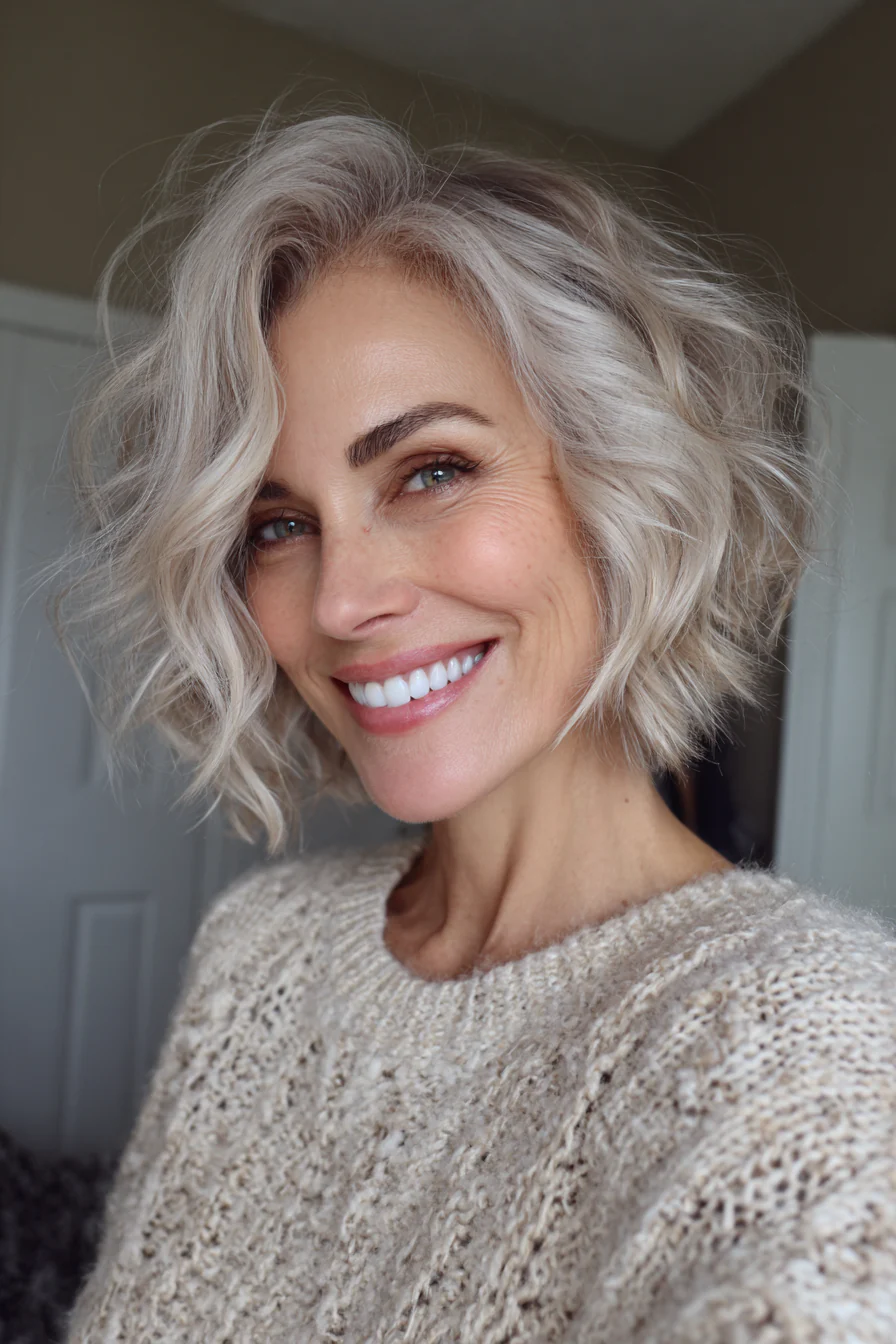 22. Schicker Bob mit Wellenstruktur (Champagne Pearl) (Kurze gewellte Frisuren für Frauen über 40) – Kurze gewellte Frisuren für Frauen über 40