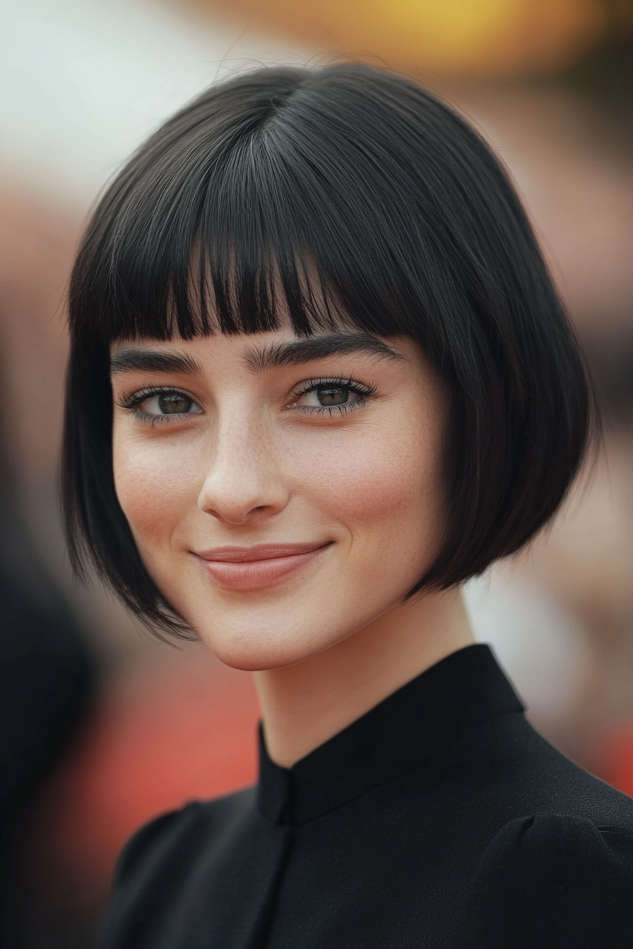 22. Kinnlänge stumpfe Bob mit weicher schwarzer Eleganz (kurze Haarschnitte mit Vorhang Pony) - kurze Haarschnitte mit Vorhangstücken