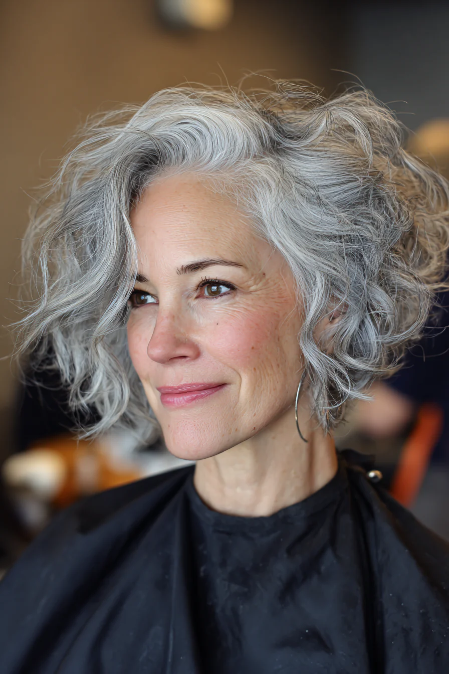 22. Abgehackter asymmetrischer Bob in Naturgrau (Kurze asymmetrische lockige Haarschnitte) – Kurze asymmetrische lockige Haarschnitte 