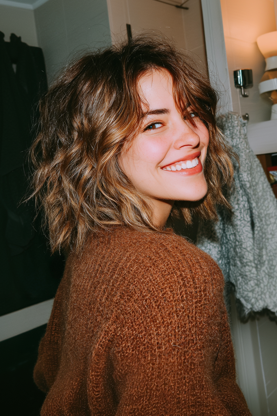 22. abgehackte Schulterwellen mit Bronze -Balayage (wellige schulterlange Frisuren) - wellige schulterlange Frisuren