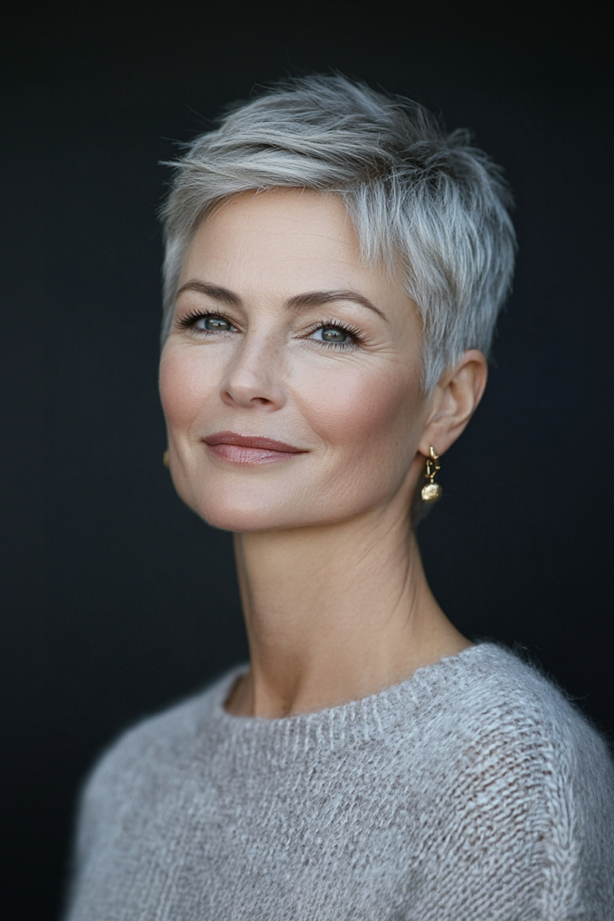 22. Wolkengrau polierte Pixie (lange Pixie -Haarschnitte für ältere Frauen) - Lange Pixie -Haarschnitte für ältere Frauen