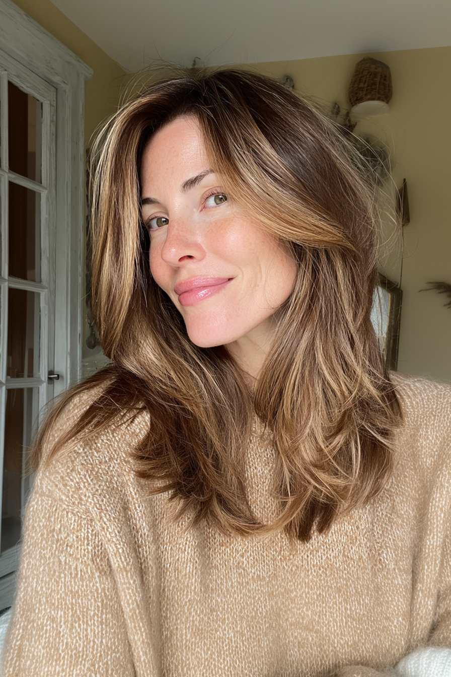 22. Colarbone -Schichten mit warmer Karamellschmelze (geschichtete Frisuren für ältere Frauen mit feinem Haar) - Geschichtete Frisuren für ältere Frauen mit feinem Haar