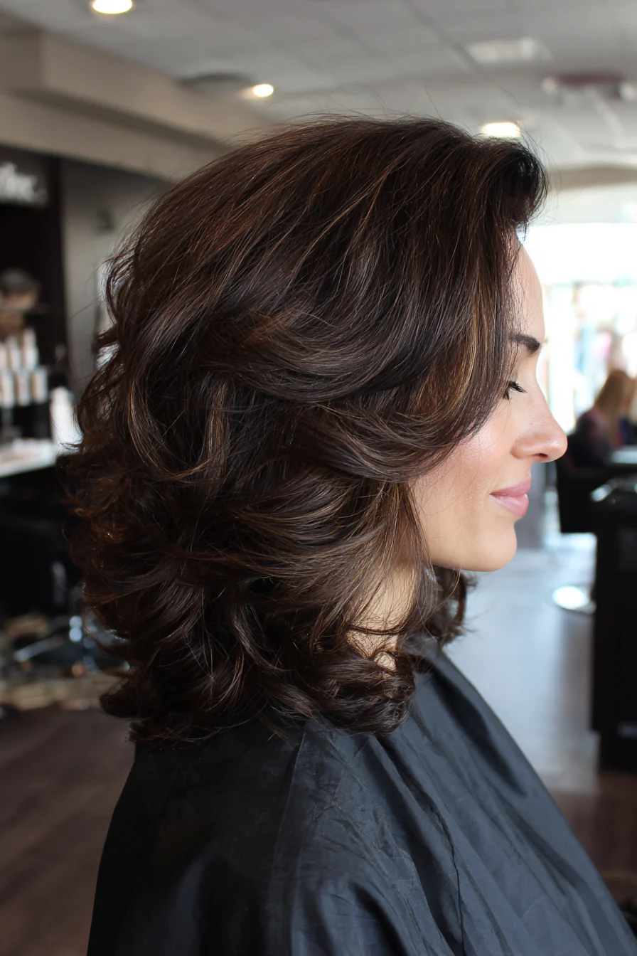 22. Lockiger geschichteter Bob in Dunkelbraun (mittellange geschichtete Haarschnitte) – Mittellange geschichtete Haarschnitte