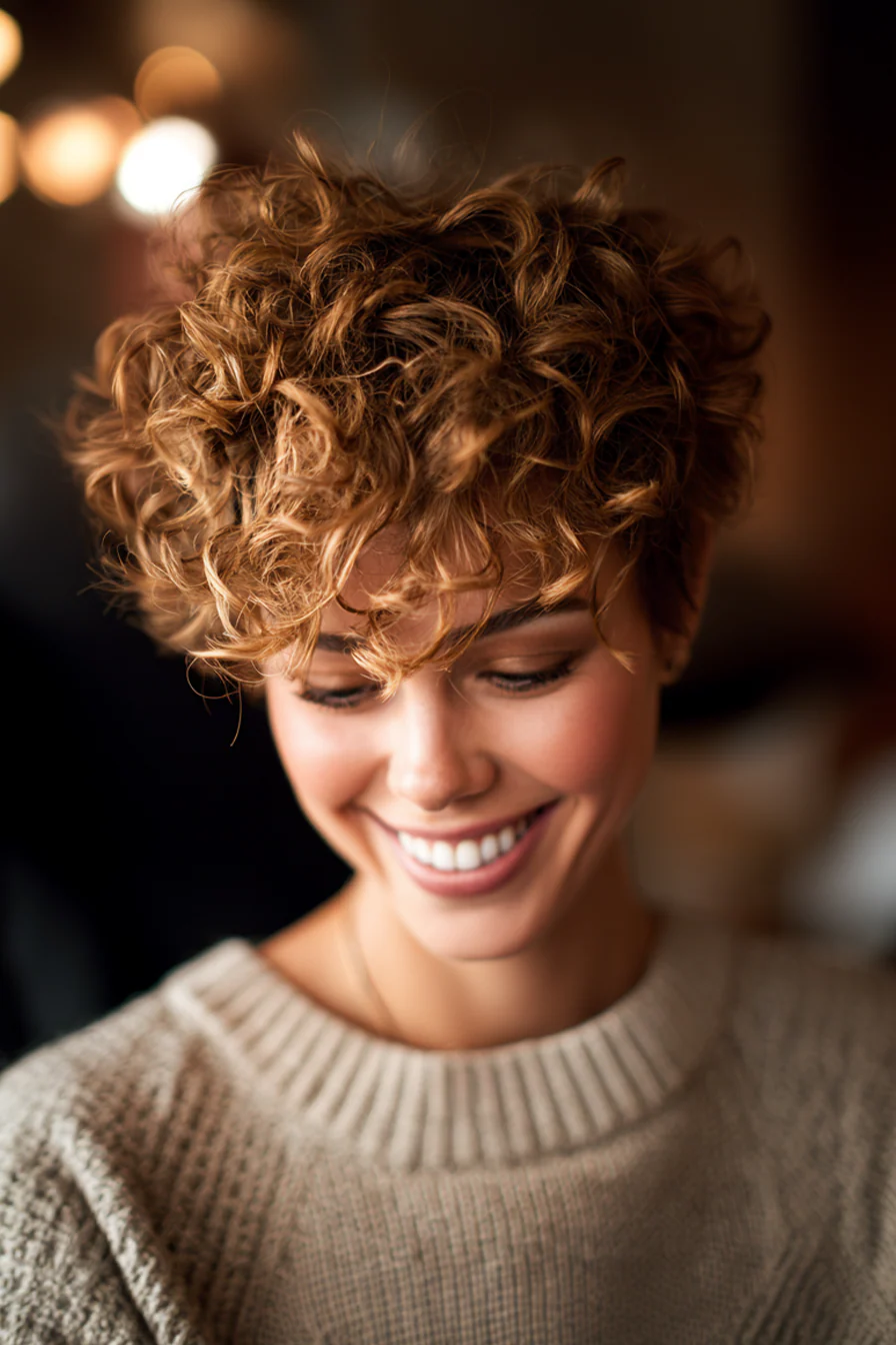 22. Lockiger Pixie mit goldenen brünetten Tönen (kurze formelle Frisuren) – Kurze formelle Frisuren