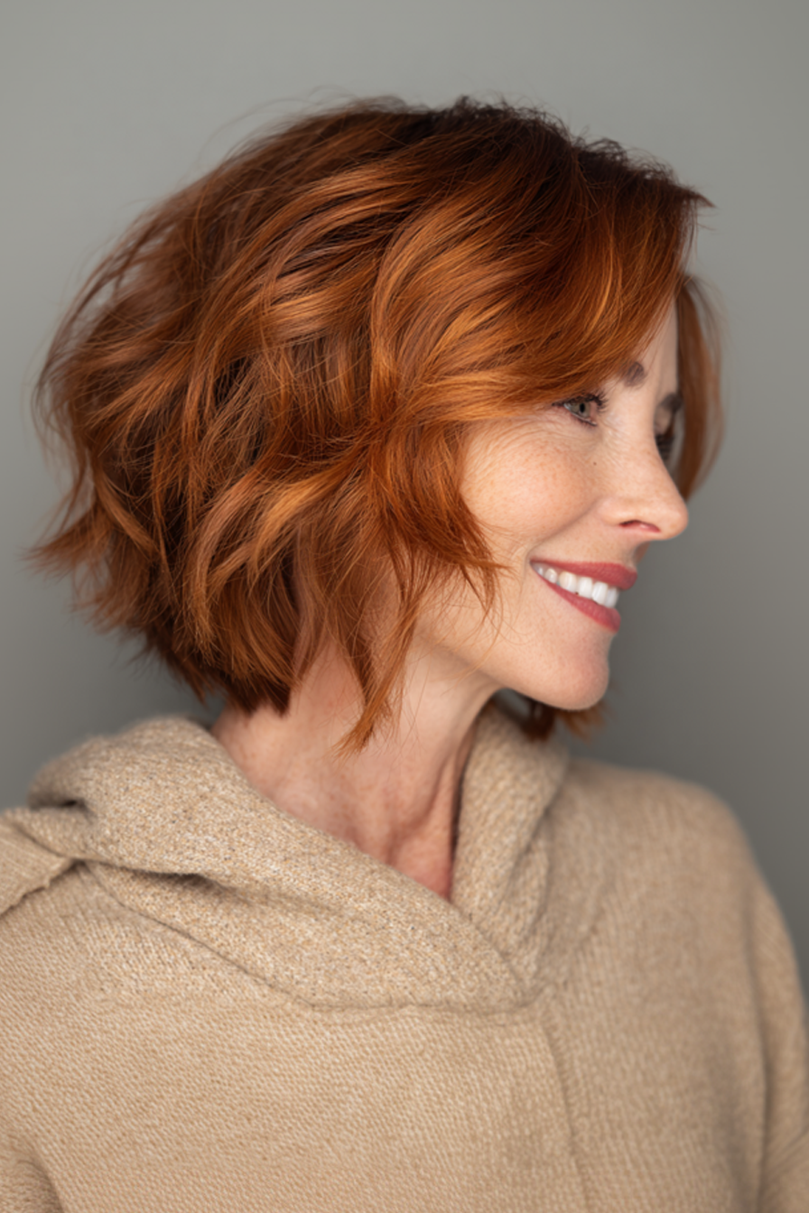 22. gebogener Bob mit Volumenschichten in warmem Kupfer (kurze Bob -Haarschnitte für Frauen über 50) - Kurzgeschichtetes Bob -Haarschnitte für Frauen über 50