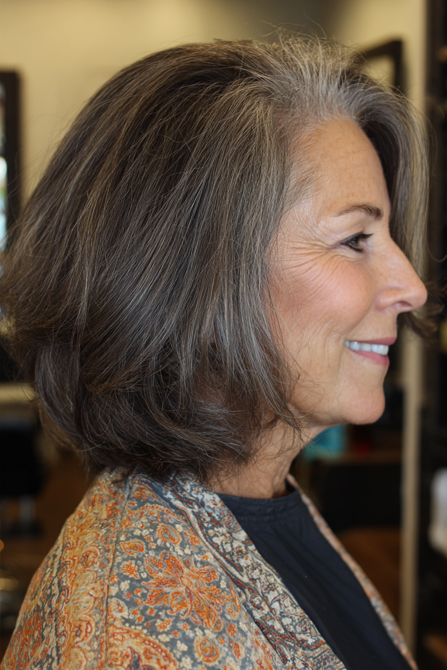 22. Dunkler aschbrauner Lob mit niedrigen Stufen (Lob-Haarschnitt für ältere Frauen) – Lob-Haarschnitt für ältere Frauen