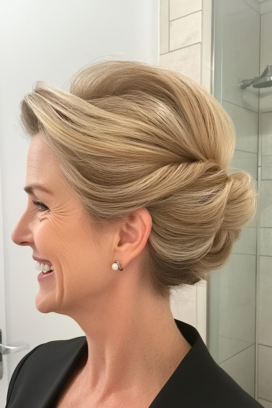 22. Dunkle Blonde strukturierte französische Brötchen (Hochzeitsfrisuren für ältere Frauen) - Hochzeitsfrisuren für ältere Frauen