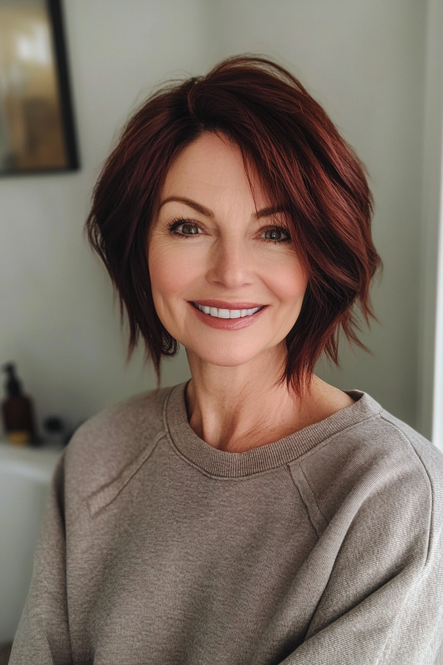 22. Dark Cherry Asymmetrical Bob (geschichtete Bob -Haarschnitte für ältere Frauen) - geschichtete Bob -Haarschnitte für ältere Frauen