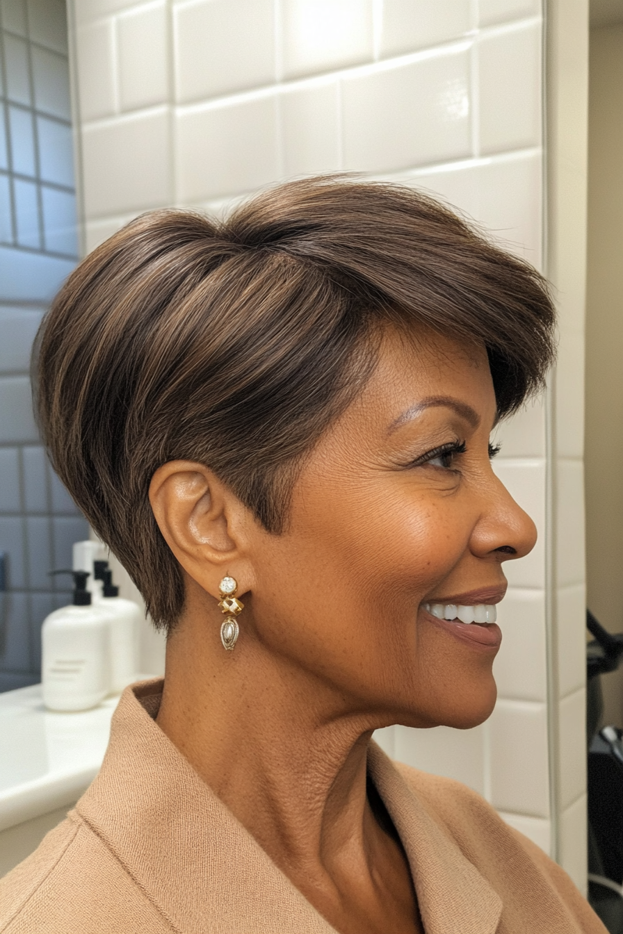 22. Ohrlanger Pixie in warmem Braun (Pixie-Haarschnitte für schwarze Frauen über 60) – Pixie-Haarschnitte für schwarze Frauen über 60