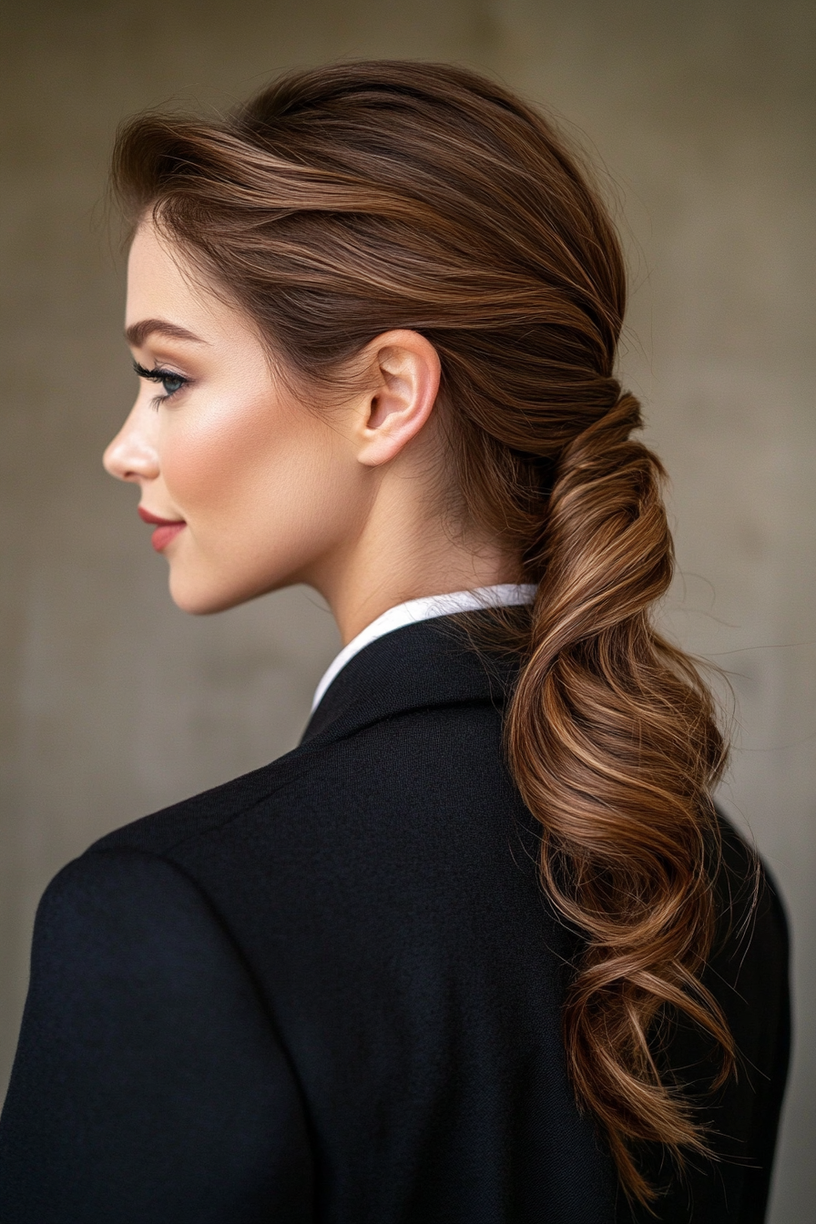 22. Französisch Twist Ponytail in warmem Braun (Pferdeschwanzfrisuren Frauen über 40) - Pferdeschwanzfrisuren Frauen über 40