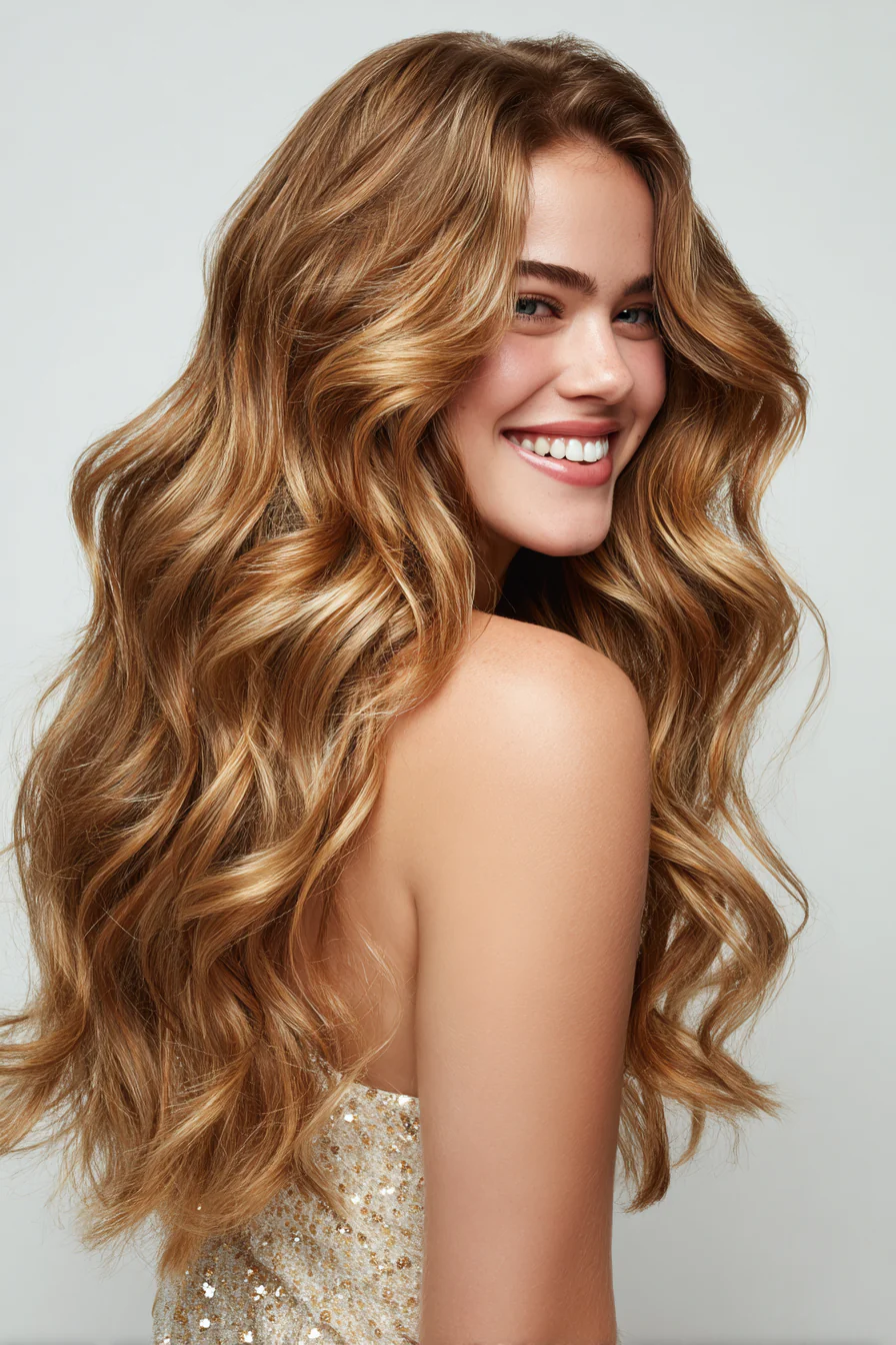 22. Goldene kastanienbraune mehrschichtige Wellen (lange gewellte Frisuren) – Lange gewellte Frisuren