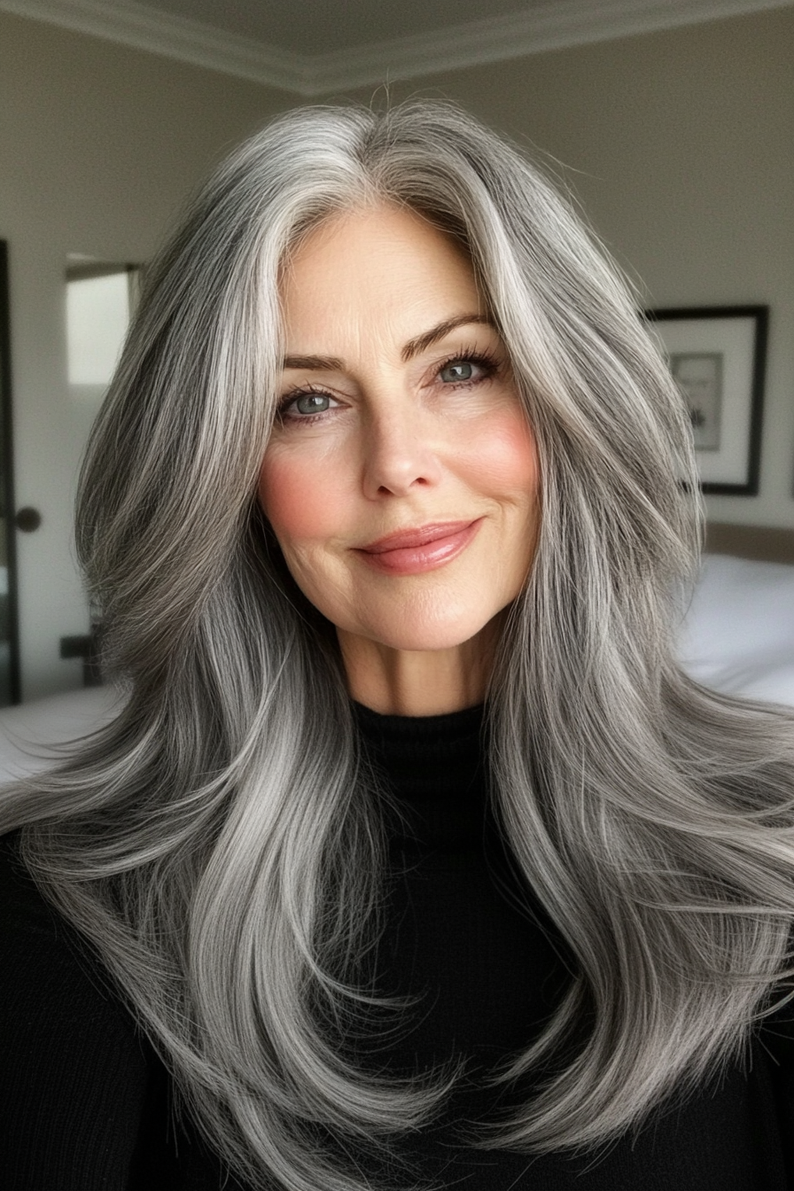 22. Layered Charcoal Shag mit mittlerem Körper (Shag -Frisuren für Frauen über 60) - Shag -Frisuren für Frauen über 60
