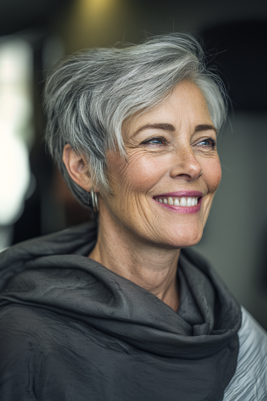 22. Layered Pixie Bob Hybrid in Silver Ash (Layered Pixie-Haarschnitte für Frauen über 60) – Layered Pixie-Haarschnitte für Frauen über 60