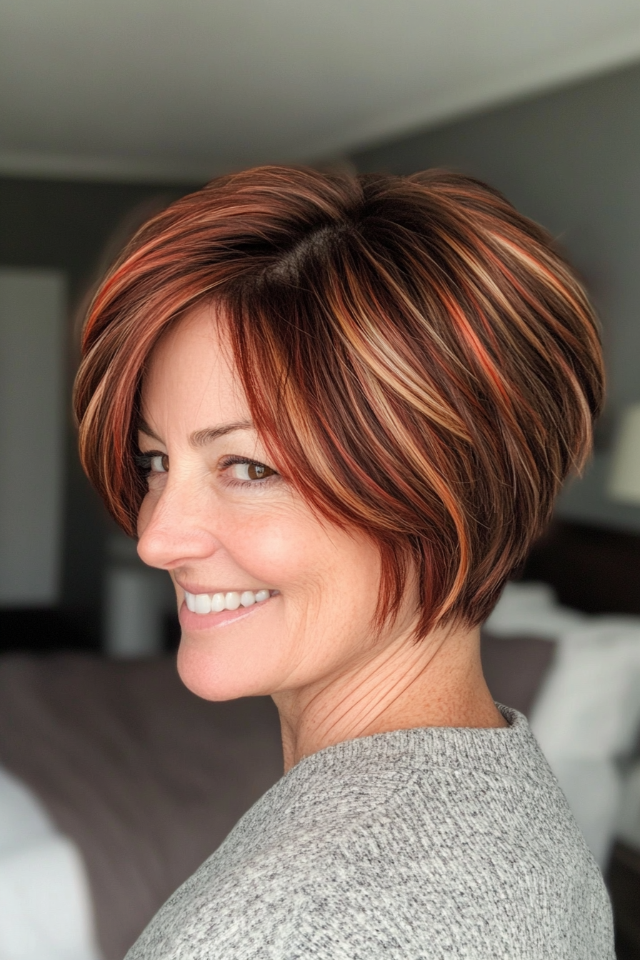 22. Layered Pixie mit weichen roten Highlights (Frisurstrends für Frauen über 40 mit feinem Haar) - Frisurstrends für Frauen über 40 mit feinem Haar