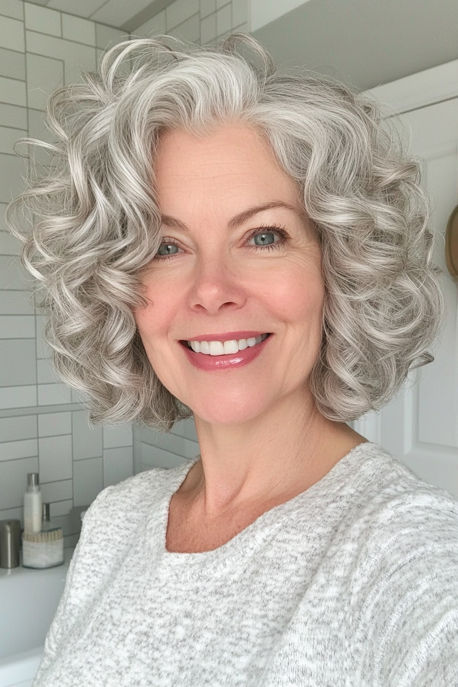 22. Layered Silber Blonde Spiral Cut (kurze lockige Frisuren für Frauen über 50 mit grauem Haar) - kurze lockige Frisuren für Frauen über 50 mit grauen Haaren