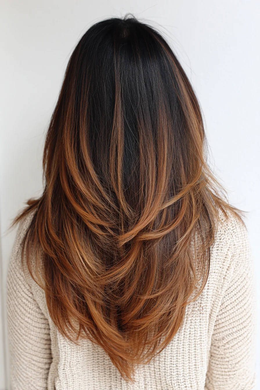 22. Stufenförmiger V-Schnitt mit Bronze-Balayage (Haarschnitte für dickes Haar) – Haarschnitte für dickes Haar