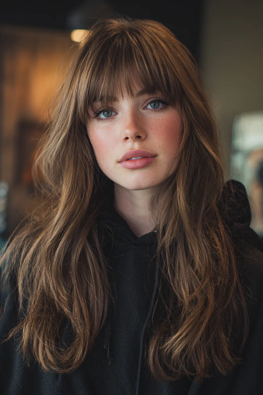 22. Hellbraune, dezente Schichtung mit Pony (Haarschnitte für langes Haar) – Haarschnitte für langes Haar