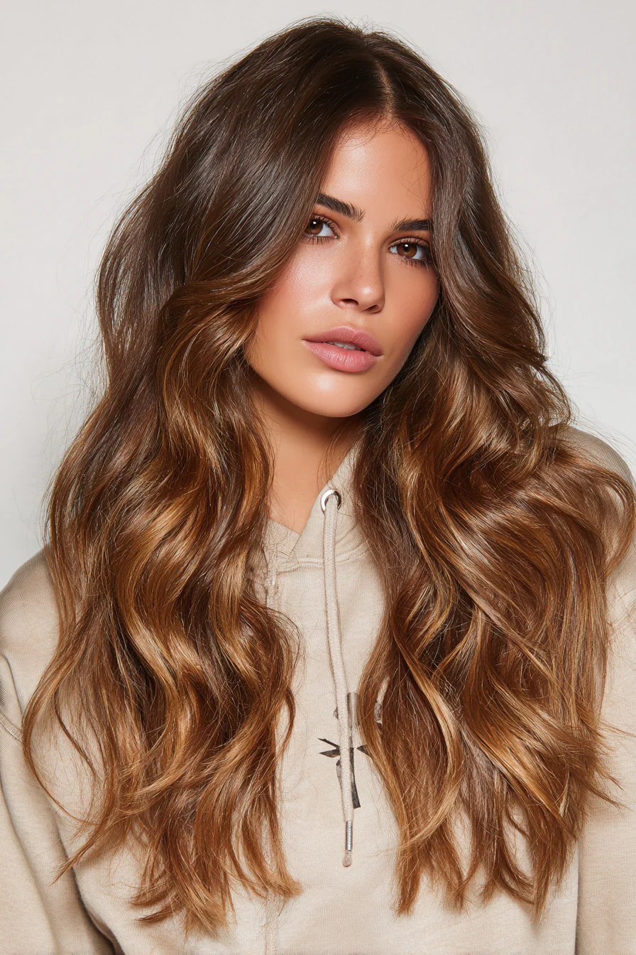 22. Lange böhmische Wellen mit bronzenen Balayage-Curtain-Ponys (Curtain-Pony-Haarschnitte) – Curtain-Pony-Haarschnitte